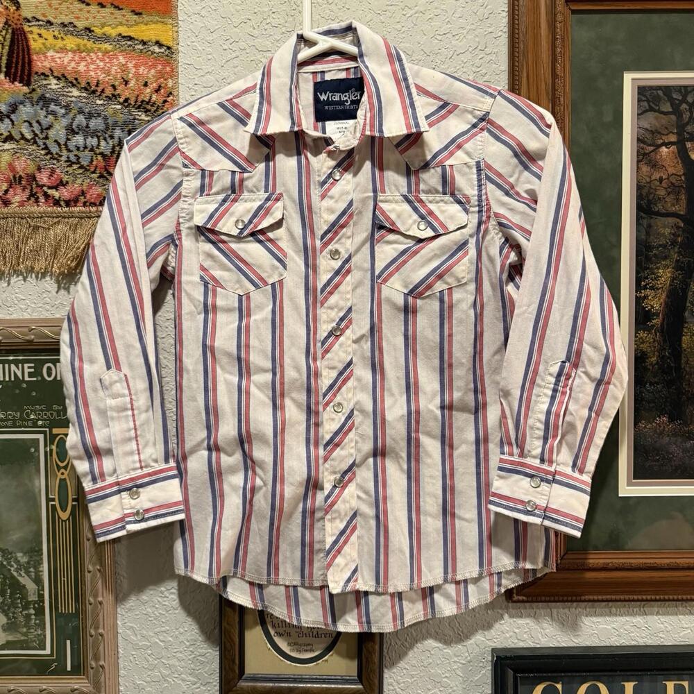 Vintage 00s Wrangler Shirt Boys Med 7-8 Blue Southwestern Striped Aztec Cowboy